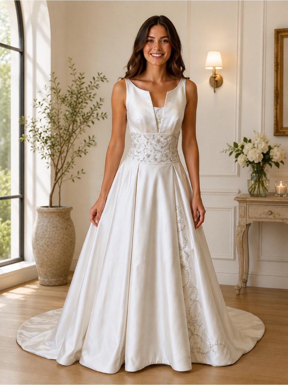 Ivory Satin A-Line Bridal Gown with Embroidered Waist